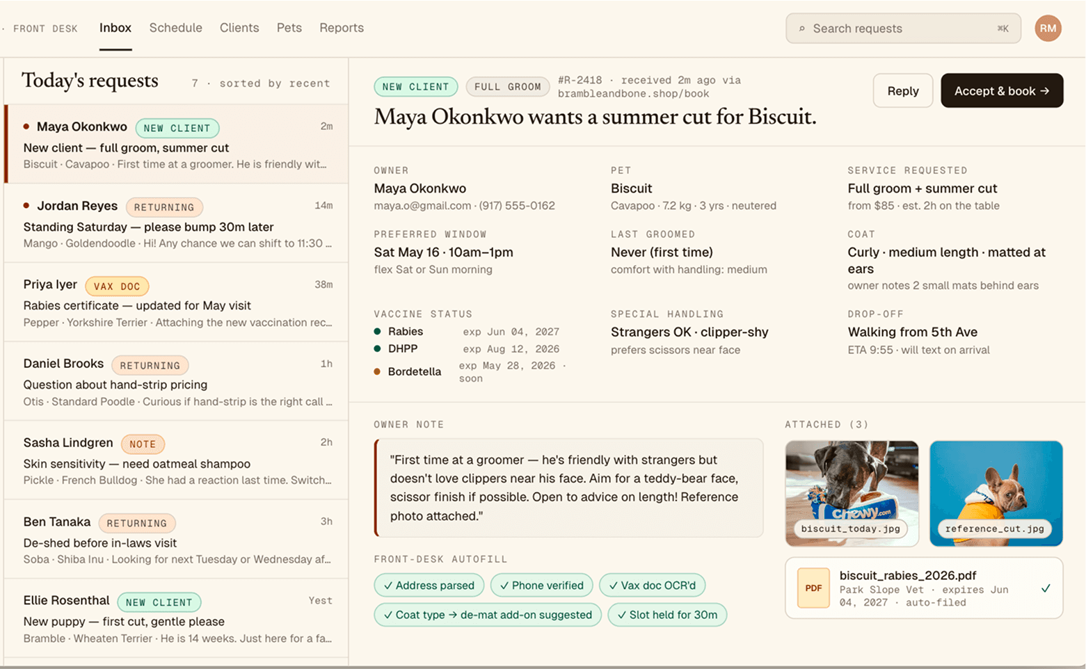 Request and inquiry flow mockup showing pet details, timing, vaccine status, and owner notes